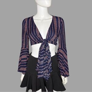 ILLA ILLA Navy‎ and Pink Striped Tie Front Top With Flared Sleeves